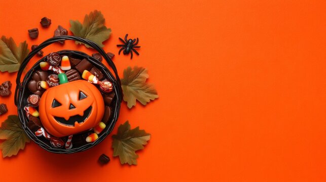 A basket of Halloween candy is on a table with orange background