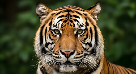 Fototapeta premium Majestic tiger portrait, intense gaze, orange and black stripes, lush green background