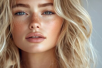 Naklejka premium Close-up of a young woman with striking blue eyes and natural freckles, showcasing radiant skin and wavy blonde hair.