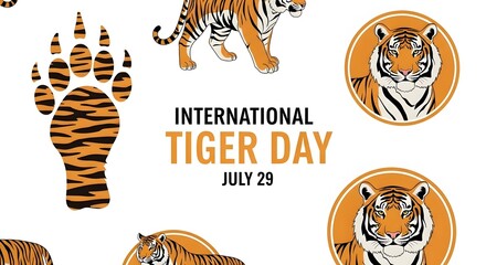 Obraz premium International Tiger Day illustration with tiger paw print, walking tiger, and tiger portraits in circles