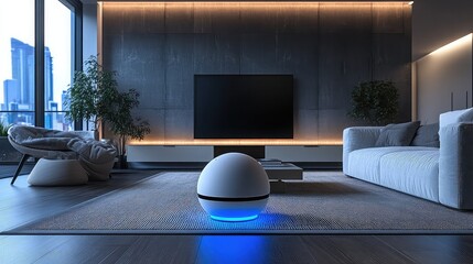 Futuristic AI assistant embedded in smart furniture offering voice interaction, environmental adaptation, and personalized home automation capabilities
