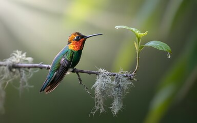 Fototapeta premium A vivid hummingbird perched on a branch beside delicate green leaves and a water droplet