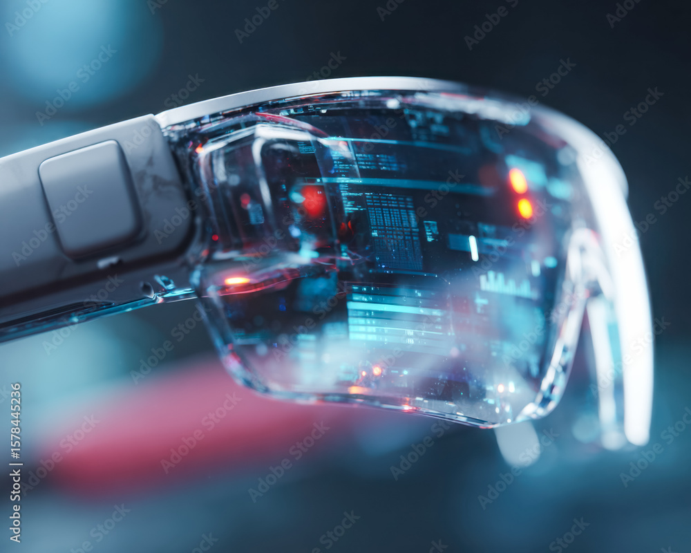 Poster futuristic augmented reality headset displaying digital interface and data visualization