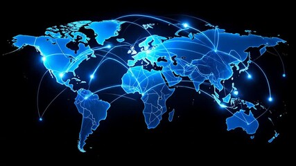 Global Network Connection Concept: World Map with Glowing Connections and Data Transfer - Powered by Adobe