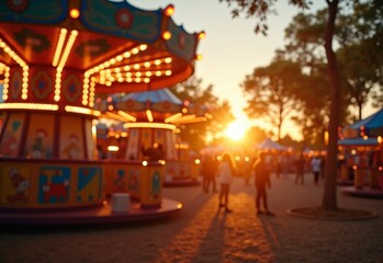 Fototapeta premium Sunny Amusement park with campfire during flashlight