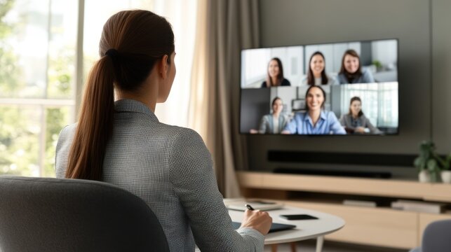 Woman in home office attending video conference - Powered by Adobe