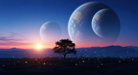 Enchanting alien landscape with multiple moons and a lone tree at sunset