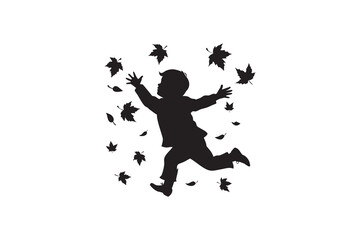 Silhouette of a Young Boy Running and Playing in Falling Autumn Leaves Representing Childhood Joy Seasonal Fun and the Beauty of Nature in a Minimalist