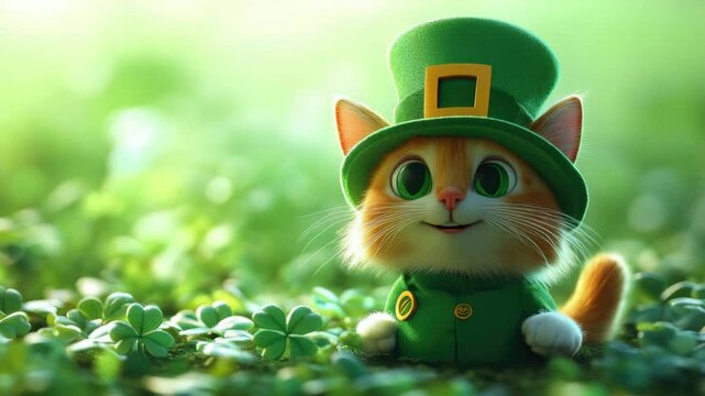 This image features an adorable cat dressed up in a St. Patrick's Day costume, complete with a green hat and beard, standing among shamrocks to celebrate the Irish holiday.