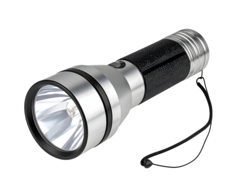 Silver and black flashlight on black