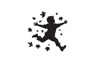 Silhouette of a Boy Jumping with Joy in Autumn Leaves Celebrating Fall Season Isolated on White Background Vector Illustration Childhood Happiness and Freedom