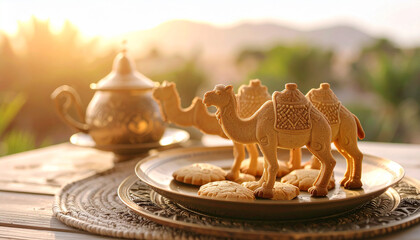"Camel-Shaped Cookies on a Rustic Plate – Desert-Themed Food Styling Captured in Soft Morning Light"