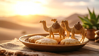 "Camel-Shaped Cookies on a Rustic Plate – Desert-Themed Food Styling Captured in Soft Morning Light"