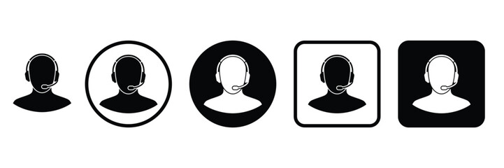 Set of customer support operator icons with headset silhouette in black and white, round and square shapes