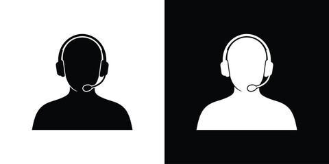 Silhouette icon of customer support representative with headset in black and white contrast design