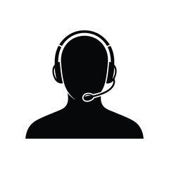 Black silhouette icon of a call center agent with headset and microphone on white background