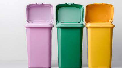Three colorful open trash bins in purple, green, and yellow, standing side by side against a plain background.
