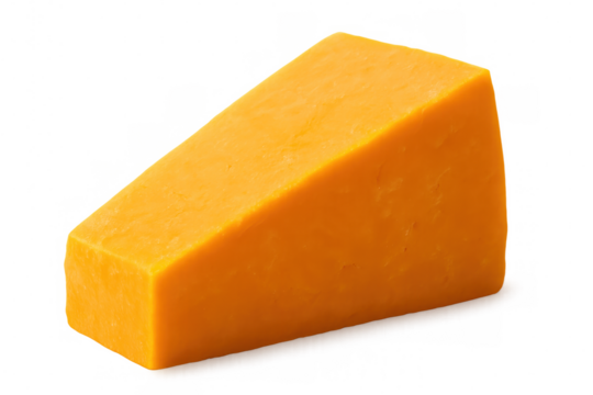 Sharp cheddar cheese wedge displaying smooth surface, showcasing dairy product detail, positioned against transparent background