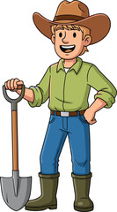 Cartoon farmer character holding shovel, wearing cowboy hat, green shirt and blue jeans, standing confidently ready for outdoor farm work