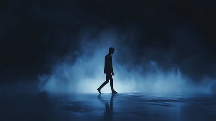 Silhouette walking across a foggy surface