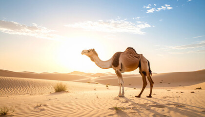 "Camel Standing Alone on Sandy Terrain – Side View Captured Under Clear Morning Sky with Soft Natural Light"