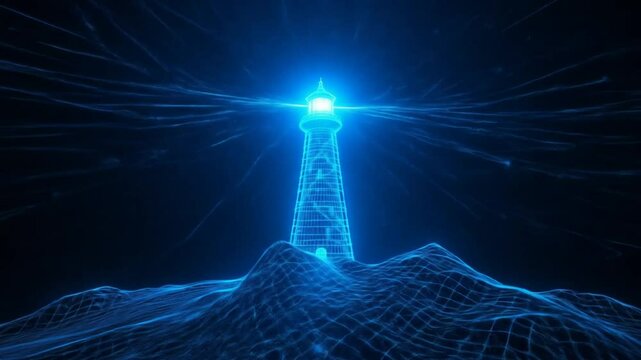 A digital transformation concept and vision of the future featuring an abstract wireframe lighthouse in a blue cyberspace, symbolizing guidance and innovation in the digital age. 4k video