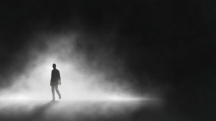 Silhouetted person walking through dramatic lighting