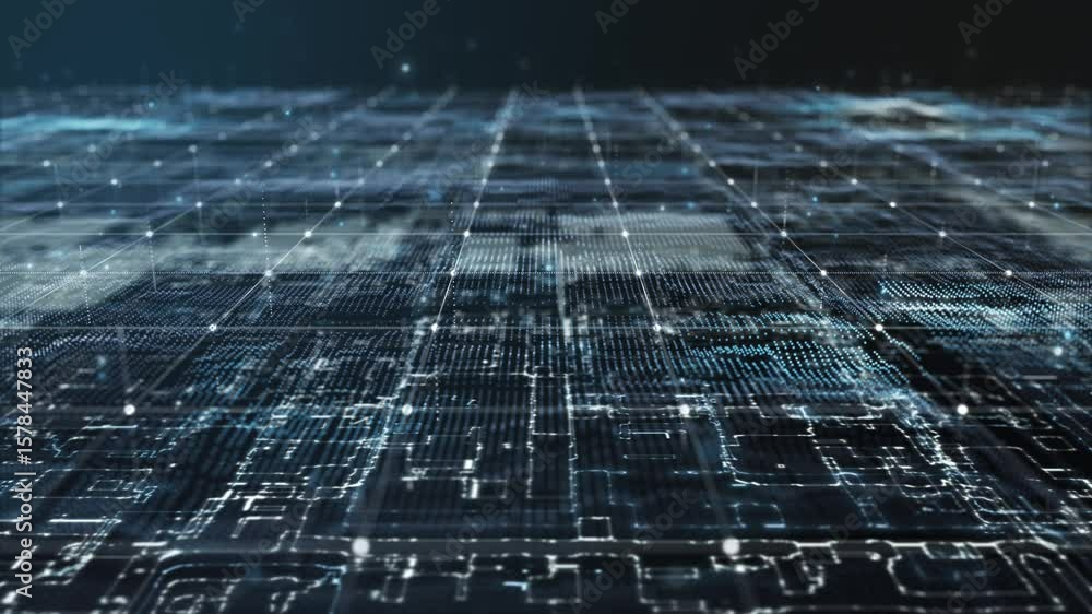 Poster futuristic circuit grid network – glowing blue tech landscape background
