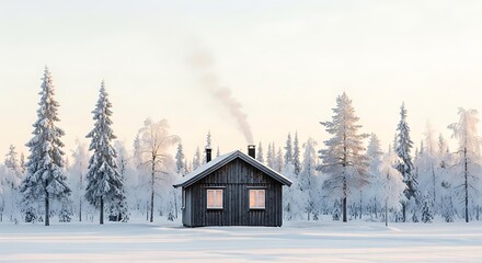 Wooden winter cabin surrounded by snowy trees, chimney smoke rising in early morning.