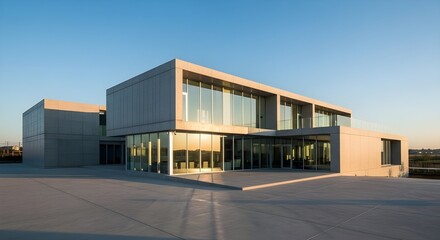 Contemporary building with concrete and glass facade glowing in warm early sunlight under clear skies.