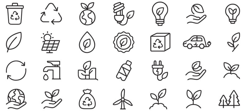 Eco & Sustainability Line Icons Pack – Minimal Vector Symbols for Green Energy, Recycling, Renewable Resources, and Environmental Awareness Projects