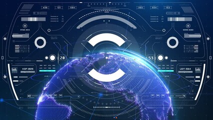 HUD futuristic user interface screen surveillance aerial view to explorer digital earth spinning in cyber space 4K motion background  - Powered by Adobe