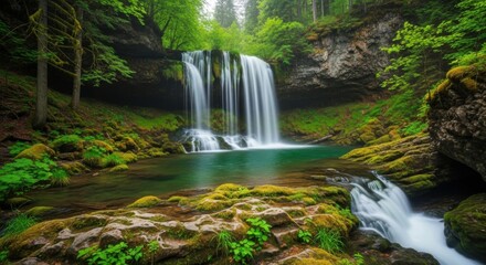 Serene Lush Forest Waterfall Cascading into a Turquoise Pool Surrounded by Vibrant Green Mossy Rocks