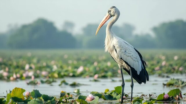 Majestic water bird with long beak and crest standing on lily pads.