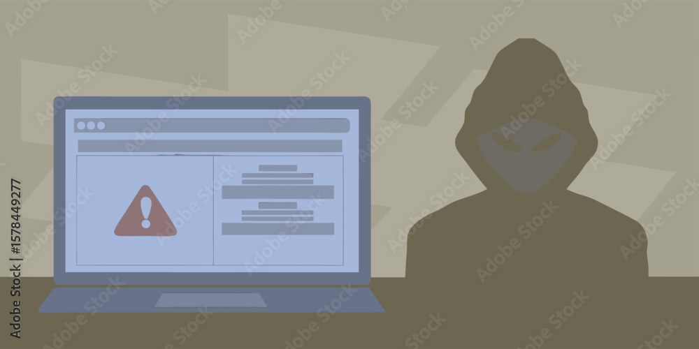 Poster hacker with warning on laptop screen hooded figure