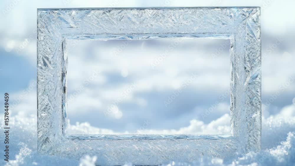 Poster a square ice frame with a hole in the middle. the frame is on top of snow. the frame is clear and ha