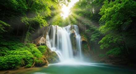 Sunlight Streams Through Lush Green Forest Illuminating a Beautiful Cascading Waterfall and Serene Pool Below