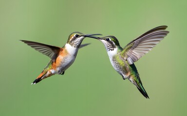 Fototapeta premium Two hummingbirds in flight facing each other with a green background