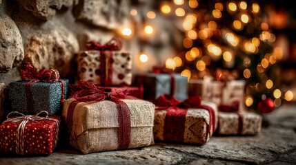 Festive Christmas gift boxes under a glowing decorated tree