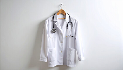Symbol of Service: Doctor’s White Coat with Stethoscope Hanging on Wooden Hanger Against Clean White Background