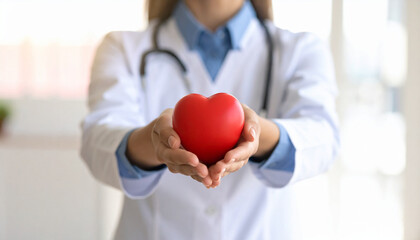 Hands of Care: Female Doctor Holding Red Heart Icon with Bright Natural Light on White Background