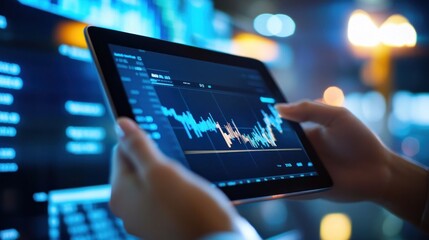 Hands holding tablet showing stock market data