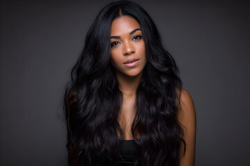 Fototapeta premium Portrait of a woman with long wavy black hair against a dark gray studio backdrop looking at the camera akhtar