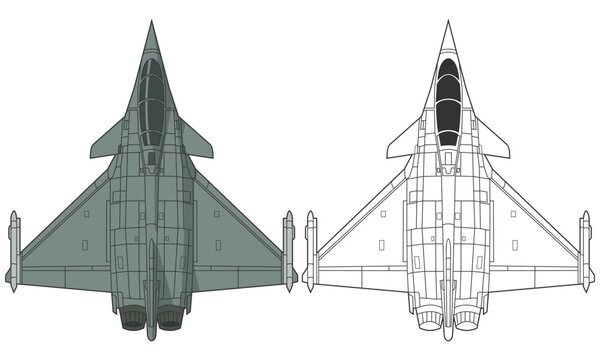 Set dassault rafale military aircraft design in line art and colored style from top view. Vector illustrations colorful fighter jet from europe. Outline drawing france powerful combat aircraft.