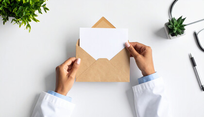 With Gratitude: Flat Lay of Female Doctor Placing Thank-You Card into Envelope on White Background