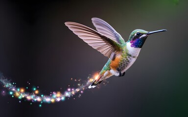 Fototapeta premium Vibrant hummingbird in flight with sparkling trail against a softly blurred background