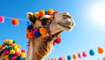 "Camel Adorned with Colorful Pompom Harness Under Clear Sky – Capturing Festive Mood in Bright High Noon Light"