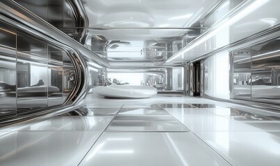 Obraz premium high-tech interior textures, metallic shine, glass surfaces, clean reflections, futuristic palette