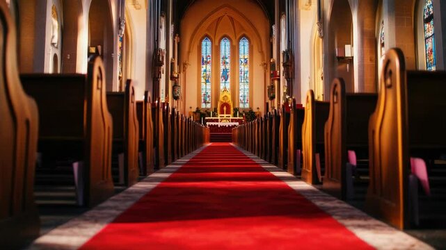 The serene and sacred atmosphere inside a church. The altar is illuminated, inviting prayer and reflection.