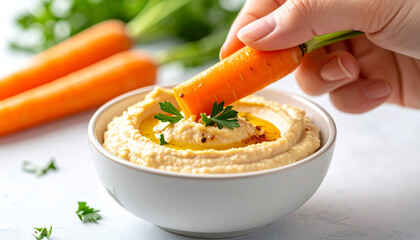 "Carrot Being Dipped into Hummus – Healthy Snack Shot Captured from Side Angle with Bright, Clean Lighting Emphasizing Freshness and Nutrition"